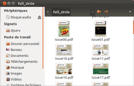Une vue de fichiers PDF à l'intérieur de Nautilus 