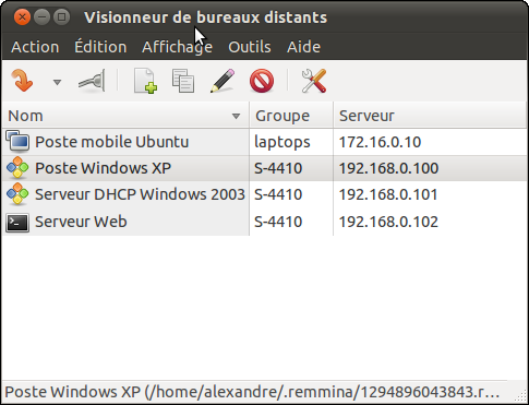 L'écran d'accueil de Remmina liste les sessions enregistrées
