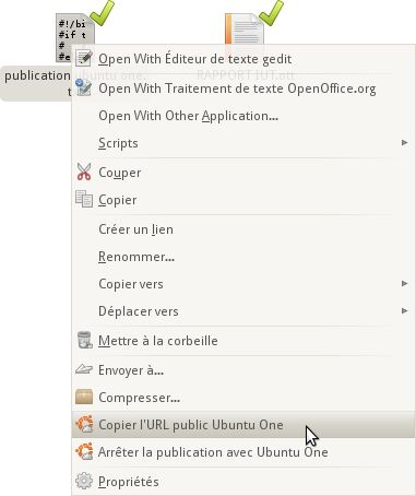 Faire un **clic droit** sur le fichier, et sélectionner **Copier l'URL publique Ubuntu One**