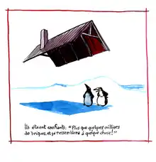 Dessin de L.L. de Mars pour Framasoft:un toi sans mur observé par deux pingoins