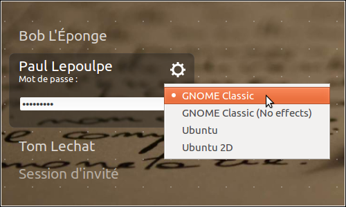 Pour obtenir l'interface GNOME classique, vous devez la sélectionner sur l'écran de connexion.