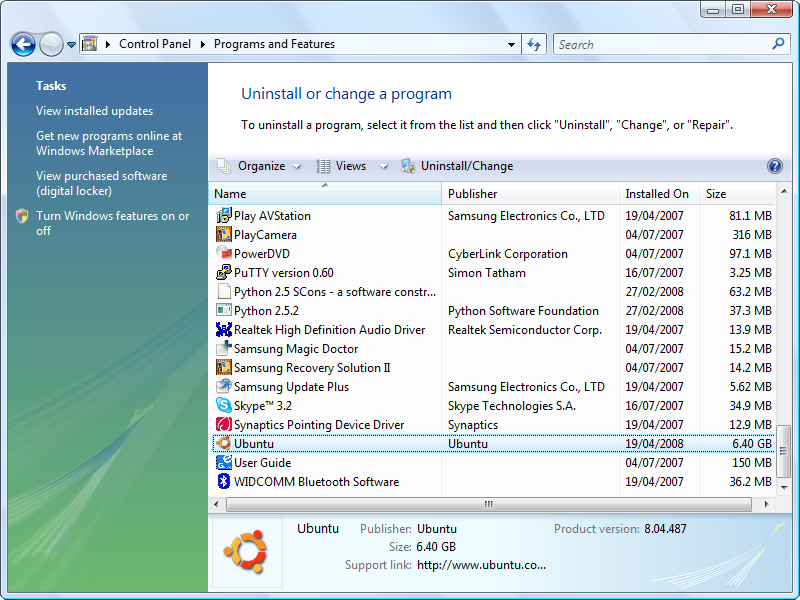 Section 'Désinstaller un programme' de Windows Vista