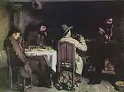 Dans un intérieur de campagne, trois personnages encore attablés, l'un assoupi, l'autre la tête appuyée sur le poing, le troisième fumant la pipe, un gros chien reposant sous sa chaise, écoutent un violoniste.