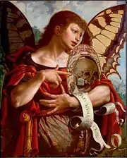 Un ange portant des ailes de papillon tient un miroir dans lequel se reflète un crâne.