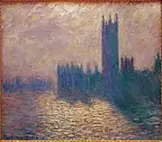 Sous une lumière crépusculaire, la silhouette sombre du Parlement de Londres, à peine distincte de son reflet dans l’eau.
