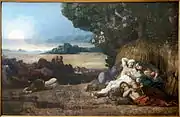 Devant un vaste soleil couchant sur un rivage, une femme âgée et un vieil homme, une femme et son enfant, un homme et son fils, sont assoupis devant une meule de foin sous un arbre.