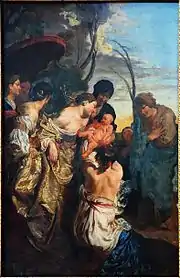 Sous une lumière de crépuscule, la fille du pharaon, vêtue à la mode vénitienne, confie Moïse, soutenu par deux femmes, à sa mère, sous de regard de trois femmes.
